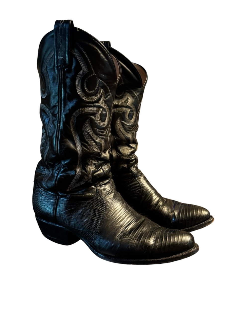 Tony Lama Black Leather and Teju lizard skin  Western Cowboy Boots #3859